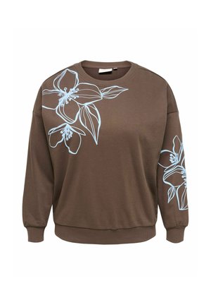 Brun sweatshirt med lyseblåt markeret blomsterdesign på venstre skulder og højre ærme, ribstrikkede manchetter og rund halsudskæring.