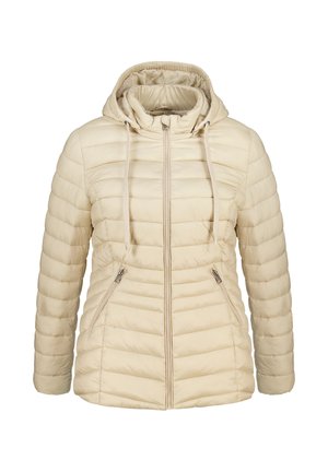 Beige, gewatteerde zip-up jas met een capuchon. Voorzien van ribgebreide manchetten, trekkoorden en zijzakken met rits. Horizontaal gewatteerd patroon over het gehele oppervlak.