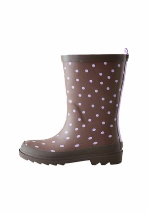 Brown rain boot with light purple polka dots, textured sole, and a purple pull tab at the top back.