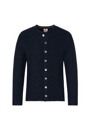 Marineblaues Strickcardigan mit rundem Ausschnitt, ausgestattet mit silbernen Knöpfen und einem strukturierten Zopfmuster auf der Vorderseite und den Ärmeln.