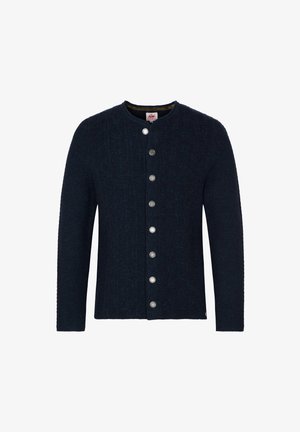 Marineblaues Strickcardigan mit rundem Ausschnitt, ausgestattet mit silbernen Knöpfen und einem strukturierten Zopfmuster auf der Vorderseite und den Ärmeln.