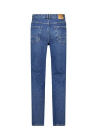 Vaqueros de mezclilla en azul medio, con un corte recto, dos bolsillos traseros con solapas puntiagudas y una etiqueta beige en la cintura.