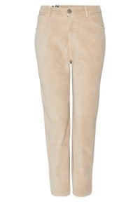 Pantalones de pana beige con corte recto, cierre de botón y bolsillos frontales. Presentan una textura suave y un sutil ribete vertical.