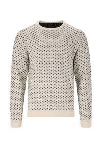 Gebreide trui in crème met een zwart hartpatroon. Ribgebreide ronde halslijn en manchetten. Zachte textuur en regular fit, geschikt voor lagen.