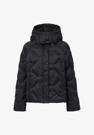 Czarna kurtka puchowa z kapturem, pikowanym wzorem i zatrzaskami. Tkanina ma gładką fakturę z akcentami geometrycznego przeszycia.