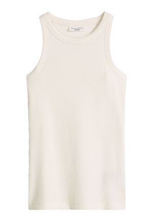 Weißes, geripptes ärmelloses Tanktop mit rundem Ausschnitt, Innenlabel im Kragen mit der Aufschrift "Marc O'Polo DENIM."