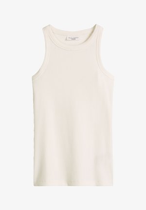 Witte geribde mouwloze tanktop met ronde halslijn, label zichtbaar in de binnenkant van de kraag met de tekst "Marc O'Polo DENIM."