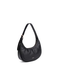 Sac à dos en cuir noir avec une forme courbée, surface texturée, quincaillerie dorée et fermeture à glissière. Sangle ajustable incluse.