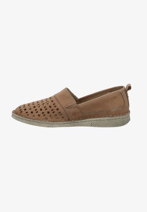 Beige Leder-Slipper mit perforiertem Design, runder Zehenpartie und strukturiertem Gummisohle. Mit kontrastierendem Stich und einer Lasche an der Rückseite.