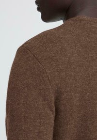 Brauner Strickpullover mit glatter Textur, der ein Rundhalsdesign und eingesetzte Ärmel zeigt, von hinten betrachtet.