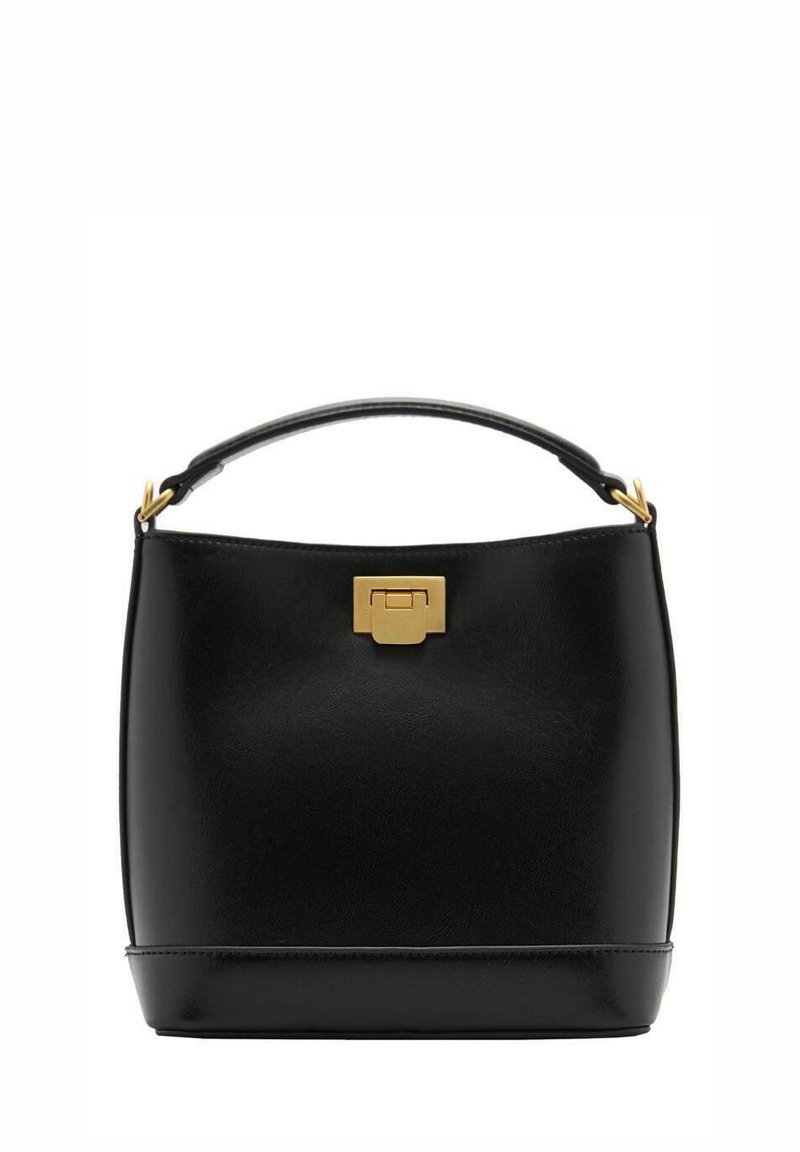 Black leather bucket bag with a structured shape, gold hardware clasp, short handle, and smooth texture. Base has a slight curve.