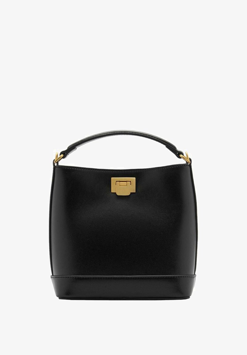 Black leather bucket bag with a structured shape, gold hardware clasp, short handle, and smooth texture. Base has a slight curve.