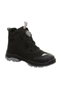 Schwarze Stiefelette aus synthetischen Materialien mit strukturiertem Finish. Verfügt über eine graue Sohle, ein integriertes Schnürsystem und eine Zuglasche.