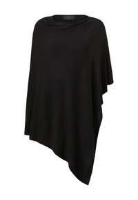 Sort poncho lavet af blødt stof, med et draperet design, asymmetrisk kant og en glat, tekstureret overflade.