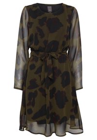 Robe mi-longue vert olive foncé avec imprimé animal abstrait noir et marron, manches longues transparentes et ceinture à nouer à la taille.
