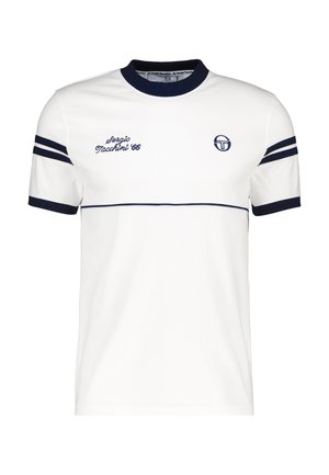 White cotton t-shirt with navy accents, ribbed collar, and horizontal stripe details. Features "Sergio Tacchini '66" embroidered logo.
