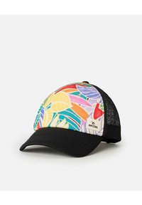 La casquette de camionneur présente un panneau avant floral coloré, un dos en maille noire, un bord courbé et une étiquette logo Rip Curl sur le côté.