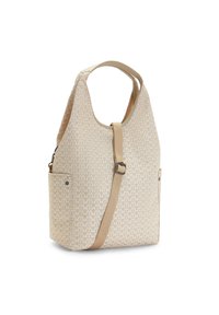 Sac à bandoulière beige à motifs avec une texture lisse, une seule bandoulière et une poche latérale. Présente des motifs géométriques blancs.