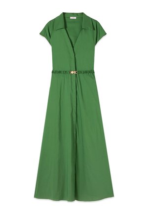 Grünes kurzärmeliges Kleid mit Kragen, V-Ausschnitt, A-Linien-Rock und gerafftem Gürtel mit kleiner goldener Schnalle in der Taille.