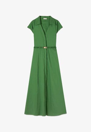 Green short-sleeve dress with collar, V-neck, A-line skirt, and ruched belt featuring a small gold buckle at the waist.