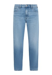 Light blue denim jeans with a straight cut, five-pocket design, subtle fading, and a metal button closure at the waist.