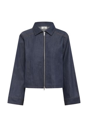 Veste en denim bleu foncé avec col, fermeture éclair à l'avant et deux poches latérales. Présente un design court et des manches amples.