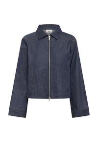 Dark blue denim jacket with a collared neck, front zipper, and two side pockets. Features a cropped design and loose-fitting sleeves.