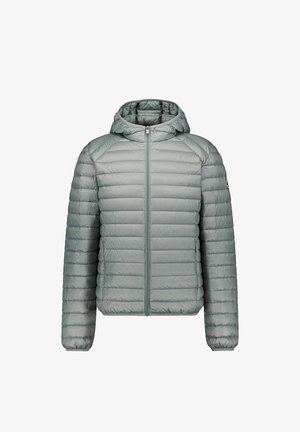 Hellgraue gesteppte Steppjacke mit Kapuze, Frontreißverschluss und elastischen Bündchen, auf weißem Hintergrund dargestellt.