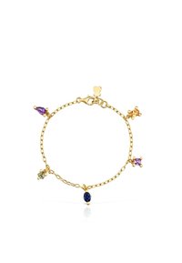 Bracciale in oro con cinque gemme colorate: viola, verde, arancione e blu, con chiusura a moschettone.