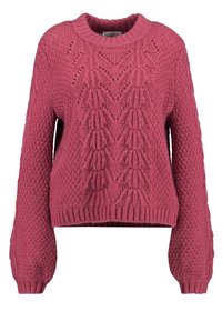 Pull tricoté de couleur rose foncé, présentant un motif texturé avec des formes géométriques, un col rond, ainsi que des poignets et un ourlet côtelés.