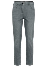 Graue Jeans aus Denim mit geradem Bein, Fünf-Taschen-Design, Knopfverschluss und einer glatten, leicht strukturierten Stoffoberfläche.