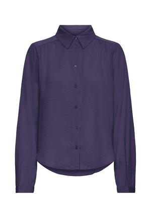 Lila Bluse mit langen Ärmeln und Kragen, vorn mit Knöpfen und einem leicht geschwungenen Saum. Glattes Material mit einem leichten Glanz.