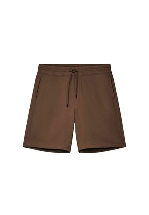 Brune shorts med snøre, elastisk talje og sidelommer, lavet af blødt stof.
