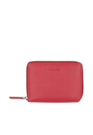 Compact red leather zip-around wallet with embossed "PICARD" logo on front and matching leather zipper pull tab.