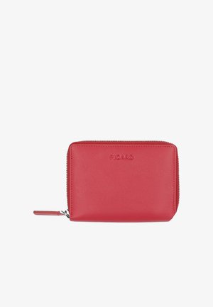 Compact red leather zip-around wallet with embossed "PICARD" logo on front and matching leather zipper pull tab.