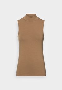 Top sin mangas de cuello alto en color marrón, confeccionado en una tela suave. Presenta un diseño ajustado con un acabado limpio y un logotipo discreto en la parte delantera.