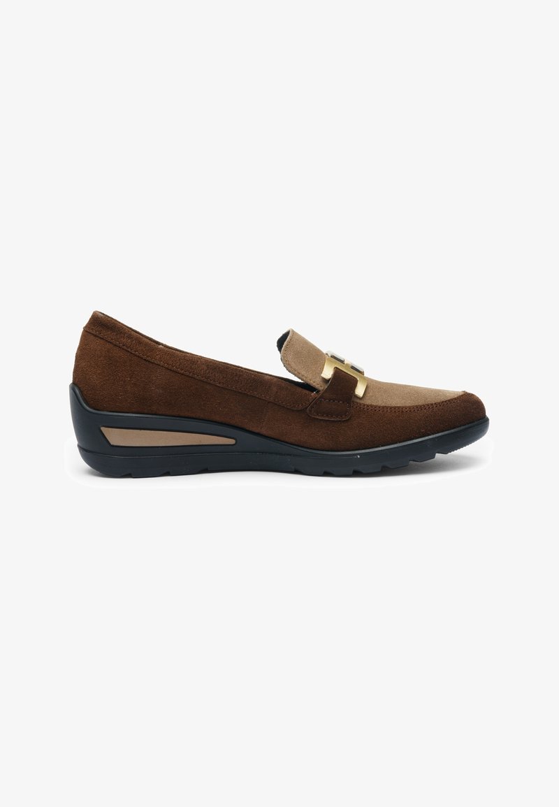 Brown suede loafer with beige upper, gold buckle detail, and black rubber sole with slight wedge heel.