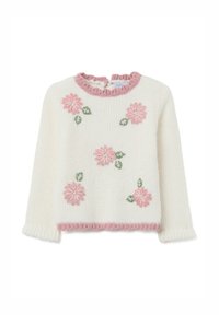 Cremfarbener gestrickter Pullover mit einem gerippten rosa Kragen und Saum. Mit gestickten rosa Blumen und grünen Blättern auf der Vorderseite. Lange Ärmel.