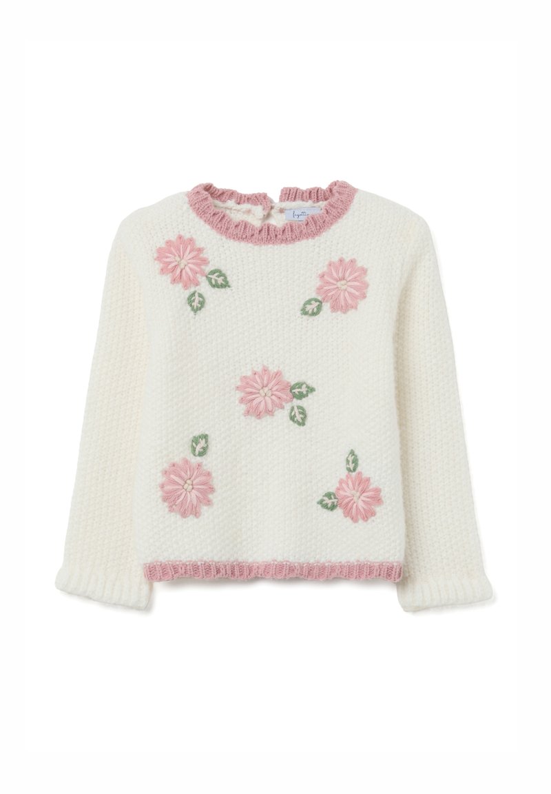 Cremfarbener gestrickter Pullover mit einem gerippten rosa Kragen und Saum. Mit gestickten rosa Blumen und grünen Blättern auf der Vorderseite. Lange Ärmel.