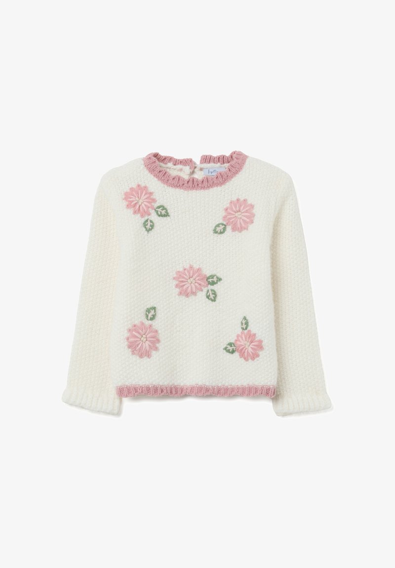Cremfarbener gestrickter Pullover mit einem gerippten rosa Kragen und Saum. Mit gestickten rosa Blumen und grünen Blättern auf der Vorderseite. Lange Ärmel.