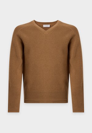 Jeune homme debout, face à l'objectif, portant un pull marron à col en V, un jean bleu clair et des baskets marron sur fond blanc uni.