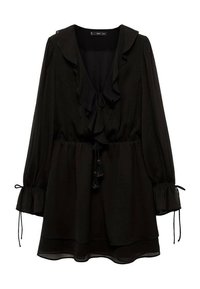 Black chiffon blouse with ruffled neckline, long sleeves with tie accents, and an elastic waist. Lightweight and flowy fabric.