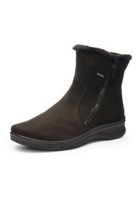 Black suede ankle boot with side zipper, black rubber sole, and fur lining visible around the top edge.