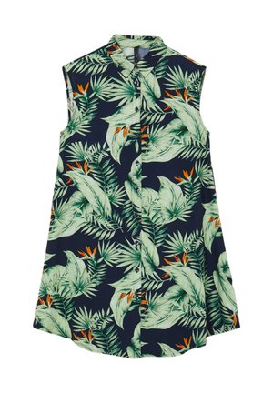 Chemise sans manches en tissu avec un fond bleu marine foncé, ornée de grandes feuilles tropicales vertes et d'accents orange dans un motif botanique.