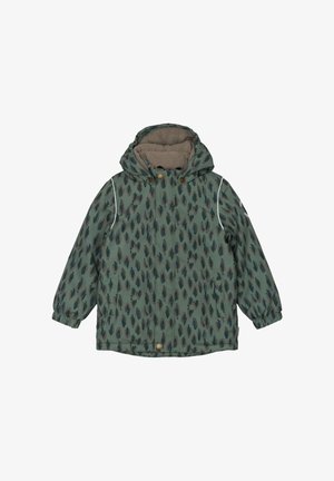 Grüne Jacke mit Muster und Kapuze, ausgestattet mit einem weichen Innenfutter, elastischen Bündchen und zwei goldenen Druckknöpfen vorne.