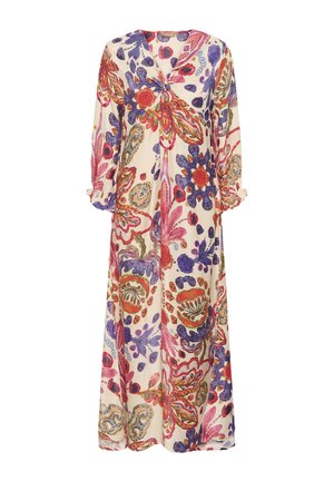 Langes, blumiges Kleid mit einem beigen Grundton und lebendigen lila, roten und blauen Blumenmustern. V-Ausschnitt mit geknotetem Detail und Puffärmeln.