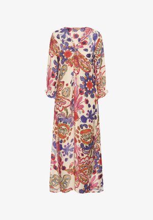 Robe longue et fleurie avec une base beige arborant des motifs floraux vifs en violet, rouge et bleu. Décolleté en V avec détail noué et manches bouffantes.