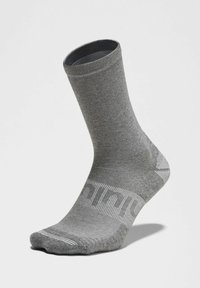 Harmaa polvisukka, jossa on teksturoitu kuvio, vahvistetut varvas- ja kantapääosat sekä valkoinen logo-nauha koristeena.