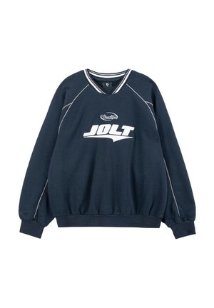 Granatowy długi rękaw bluzy z białym logo "Practice JOLT", dekolt w serek z paskowanym wykończeniem oraz białym przeszyciem wzdłuż rękawów i ramion.