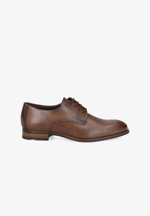 Brown leather dress shoe with a smooth texture, rounded toe, six eyelets, and a low stacked heel. Features subtle stitching accents.